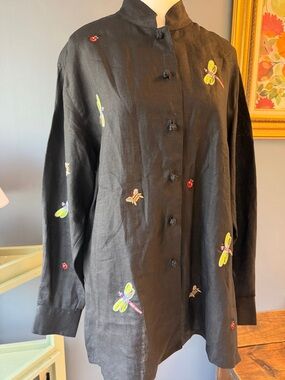 Black Embroidered Dragonfly Button-Up Shirt